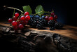 - 1. red and blue wild berries on a black background, generative ai