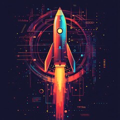 Wall Mural - A stylized rocket ship taking off from a code snippet or keyboard. Evokes a sense of adventure and pushing boundaries in the tech world. Use bold colors and dynamic lines to convey action.