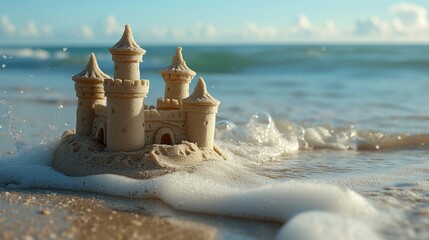 Idyllic sandcastle on the beach with waves washing ashore at sunset