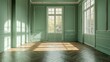 Green-walled room with classic French windows and herringbone floor