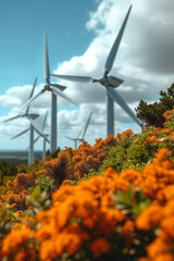 Wind power farm on a green hill. Blue cloudy sky. AI generated