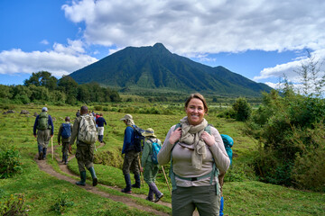 A tour group hiking in Volcanoes National Park, Rwanda