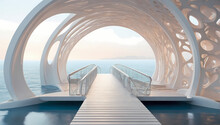 Abstract 3D Bridges And Walkways With A Serene Architectural Backdrop.