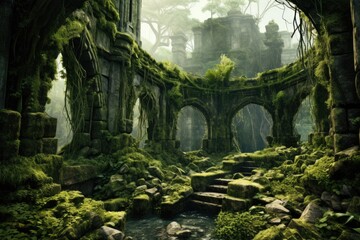 Poster - A captivating forest scene where moss adorns the walls while majestic trees tower above, The ruins of an ancient city being reclaimed by nature, AI Generated