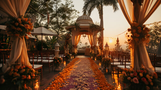 a meticulously decorated hall has been designated to host the indian wedding ceremony, radiating bea