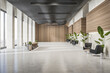 Spacious office lobby with wooden details and plant decor. Modern architecture. 3D Rendering