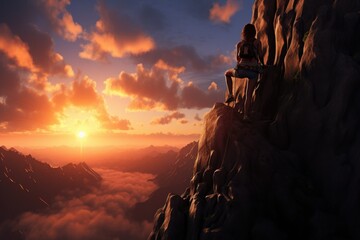 Sticker - A woman peacefully enjoys her solitude on a cliff as she witnesses the mesmerizing beauty of the sun sinking beneath the horizon, Young female rock climber at sunset, AI Generated