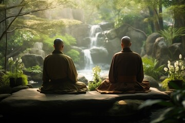 Poster - A picturesque photograph capturing two individuals sitting on a rock, admiring a magnificent waterfall, Zen Buddhist monks meditating in a tranquil garden, AI Generated