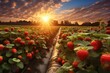 A stunning sunset casts a warm golden glow over a lush field of ripe strawberries, Lush organic strawberry field with the sun low in the sky, AI Generated
