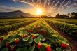 © Iftikhar alam - Capture the breathtaking beauty of a field of strawberries illuminated by a radiant sunset, Lush organic strawberry field with the sun low in the sky, AI Generated