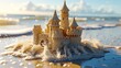 An elaborate sandcastle stands against the approaching waves on a sunny beach