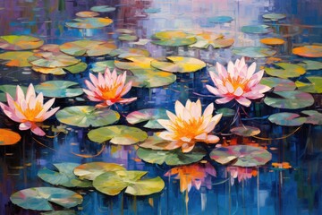 Poster - This image showcases a serene depiction of water lilies gracefully floating in a tranquil pond, Monet's water lilies reinterpreted with bold colors, AI Generated