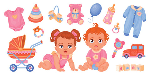 Fototapete - Cartoon newborn collection. Children and toys