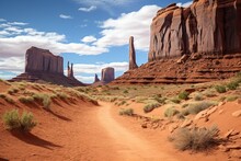 A Dusty Dirt Road Stretches Through The Dry And Barren Expanse Of A Desert, Navajo Tribal Park Monument Valley In Arizona, AI Generated
