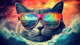Fototapeta  - Playful Cornish Rex Cat in Neon Pink Sunglasses Surfs Tropical Wave
