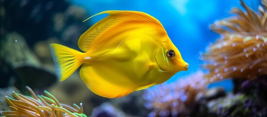Wall Mural - Beautiful Yellow Tang - A Stunningly Beautiful Fish with Vibrant Yellow Color - Beautiful Yellow Tang Swimming Gracefully in a Pristine Reef Environment