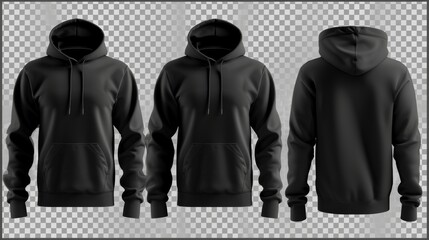 Wall Mural - Set of black front and back view tee hoodie hoody sweatshirt on transparent background cutout, PNG file. Mockup template for artwork graphic design
