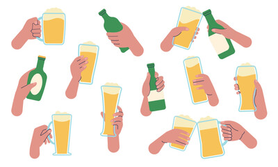 Wall Mural - Hands with beer. People drink from different glasses and bottles. Meeting in pub or brewery bar. Weekend party, friends clink glass, decent vector set