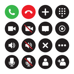 Wall Mural - Video call icon set. Video conference call. Collections buttons of call, record, add call, microphone, mute, number pad, speaker, silent, video, contacts for app in colored style - Vector Icon