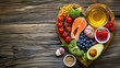 conceptual image illustrates healthy foods arranged in a heart shape against a backdrop of vintage wooden boards