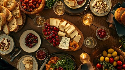 Candlelit evening setting with a rich selection of cheeses, wines, and fresh accompaniments on a wooden table.