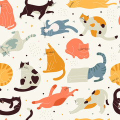 Canvas Print - Cats pattern. Domestic animals kitten background recent vector seamless pattern for textile design projects