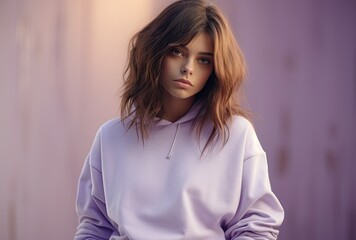 Wall Mural - An eye-catching flyer showcasing a female fashion model wearing a stylish cotton shirt, isolated against a vibrant purple backdrop.