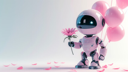 Cute smiling pastel pink robot holding flower and balloons in style of Valentine's Day card. Concept for birthdays, holiday events or other celebrations. Love wallpaper. Banner template, poster design