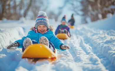 Winter Wonderland: Happy Children Sledding Down Snowy Hill