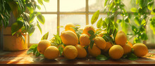 A Bunch Of Lemons Sitting On A Table In Front Of A Window With A Lot Of Leaves On It