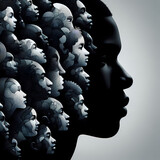 Fototapeta  - Silhouette face head in profile ethnic group of black African and African American men and women. Identity concept - racial equality and justice. Racism, discrimination. Juneteenth emancipation.