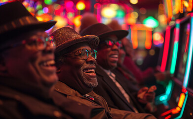 Joyful Gamblers Amidst the Glowing Machines. Slot Machine Frenzy. Excited Players.