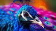 Close-up of a beautiful peacock. Intense colors. Generative AI.