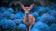 A Deer Standing In A Field Of Blue Flowers With A Blurry Background Of It's Head Looking At The Camera.