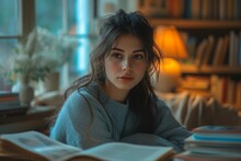 A Girl Engrossed In A World Of Knowledge, Her Face Illuminated By The Words On The Pages As She Sits Among Shelves Of Books In The Comfort Of Her Own Home