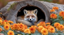 A Close Up Of A Fox In A Tree Stump With Flowers In The Foreground And A Background Of Orange And Yellow Flowers.