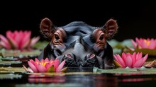 A Hippopotamus Submerged In A Pond Of Water With Pink Water Lilies In It's Mouth.