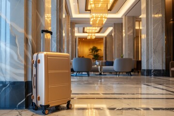 A high-quality suitcase in a luxury hotel lobby, evoking the sophistication and ease of quiet luxury travel for an upscale audience