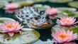 a close up of a frog in a pond of water with lily pads and water lillies on the water.