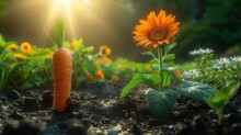 A Close Up Of A Carrot And A Sunflower On A Dirt Ground With Grass And Flowers In The Background.