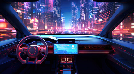 Poster - Furutistic car dashboard in the neon city.Synthwave or cyberpunk automobile control panel