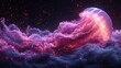 a jellyfish floating air surrounded by clouds of purple and pink smoke and stars night sky.