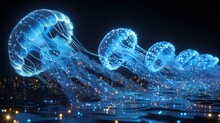 A Group Of Jellyfish Floating On Top Body Of Water In Front Black Background With Blue Lights.