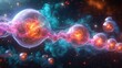 a computer generated image of a group of spheres in a space filled with fire and smoke and surrounded by stars and dust.