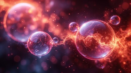 a group of bubbles floating on top of each other in front of an orange and blue sky filled with star