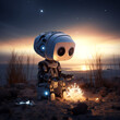 image of a robot sitting near a fire on the ocean shore at sunset