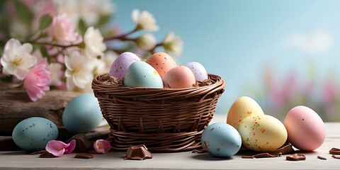 Wall Mural - Un panier rempli d'oeufs de Pâques en chocolat posé sur une table en bois avec des fleurs sur un fond bleu clair