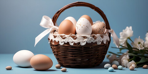 Wall Mural - Un panier rempli d'oeufs de Pâques en chocolat avec de la dentelle et un ruban blanc, sur un fond bleu clair fleuri