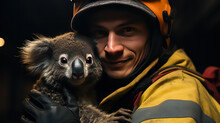 A Powerful Portrait Of A Firefighter Cradling A Koala Rescued From Australian Fires. A Moving Image Symbolizing Courage, Compassion, And Environmental Impact.