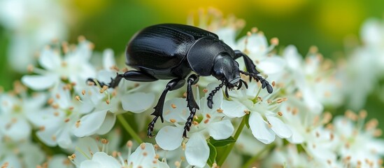 Wall Mural - Black Beetle on a Bed of White Flowers: A Stunning Contrast of Black Beetle, White Flower, and Boldness